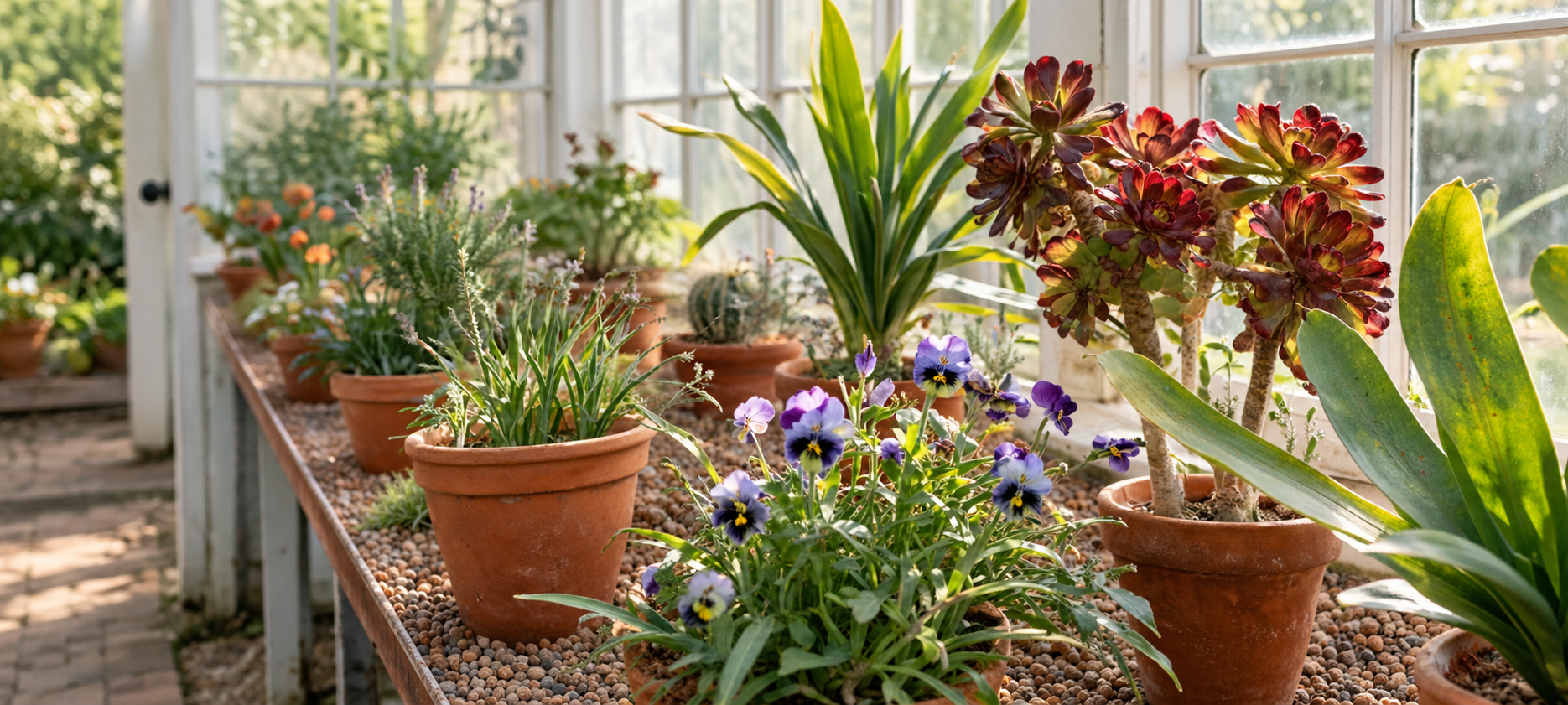 Terracotta pots with flowering plants and succulents on a sunlit greenhouse bench